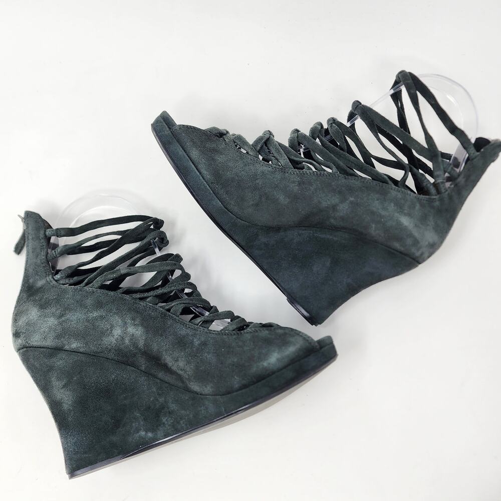 B. Makowsky Wedge Heels Women 6.5 Famie Green Suede strappy platform Peep Toe - Picture 6 of 9